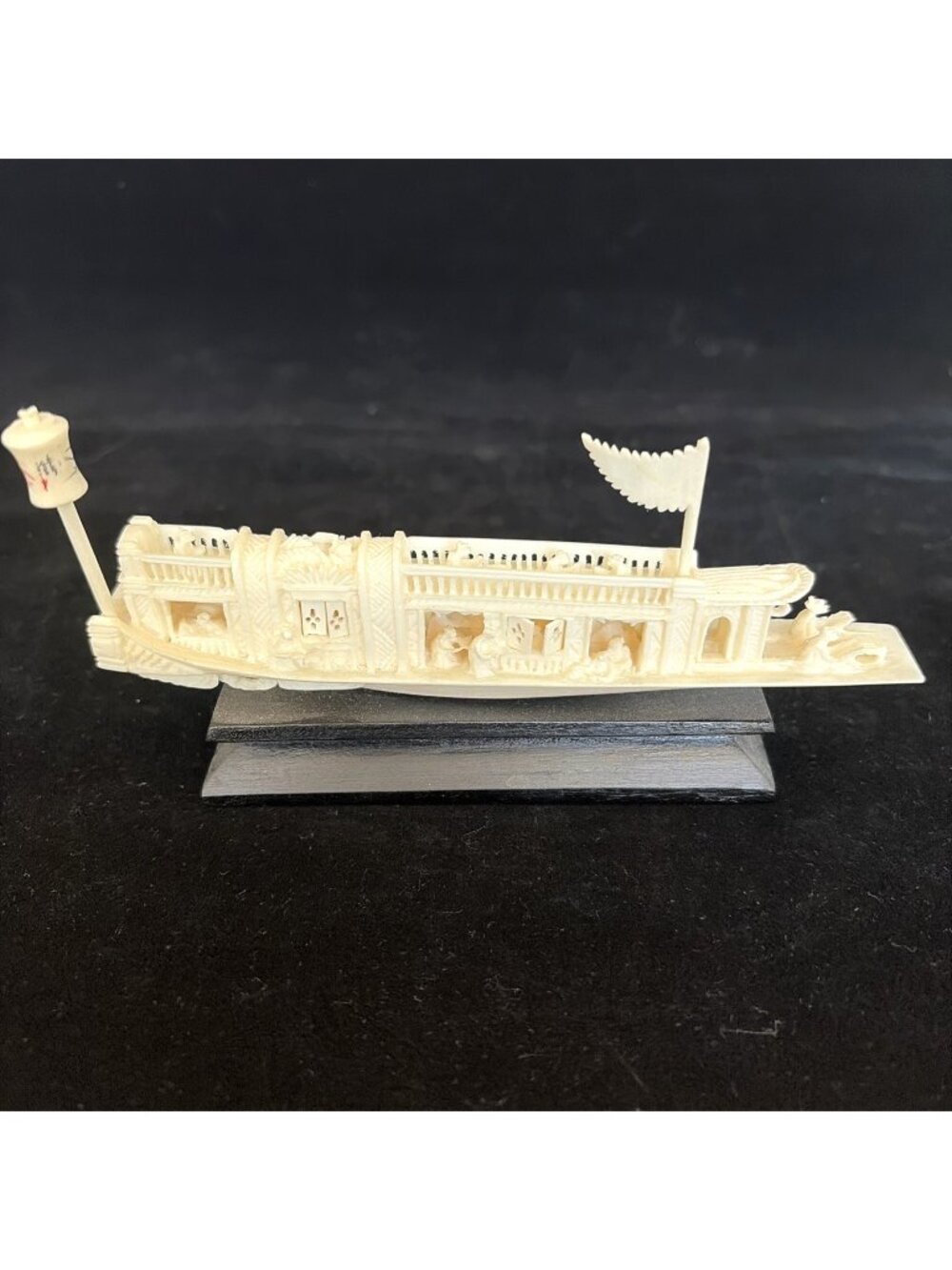 Vintage Chinese Hand Carved Bone Junk Boat Sculpture 6" Long on Wood Base